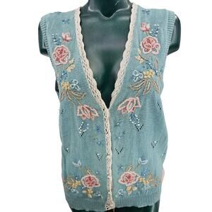 Vintage Koret Pastel Blue Cotton Crochet Floral Granny Sweater Vest S 3810